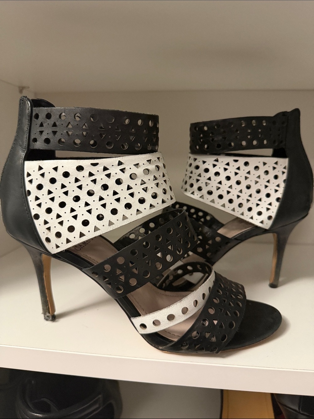 Vince Camuto Black & White Laser-Cut Ankle-Strap Heels